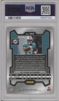 De'Von Achane from the 2023 Panini Prizm set featuring a Orange Ice parallel graded by PSA and given an overall grade of 10.