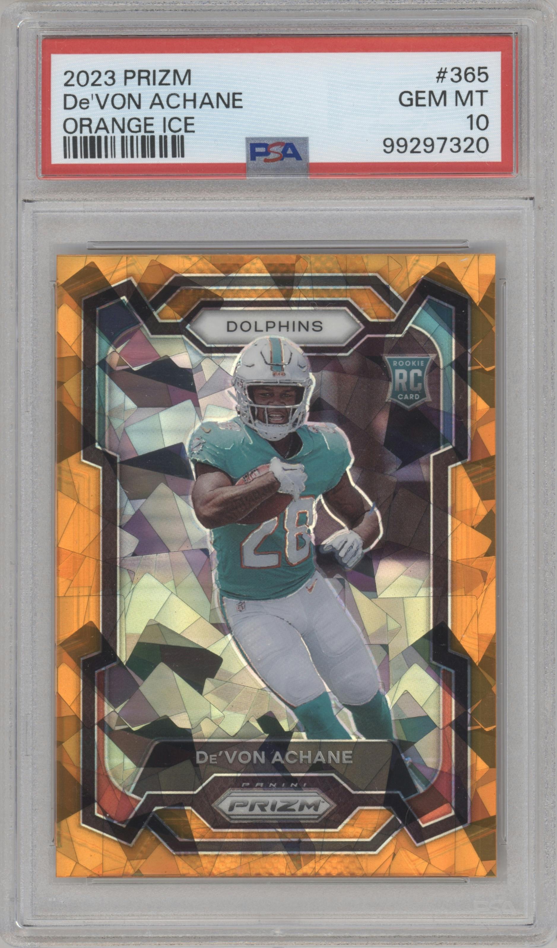 De'Von Achane from the 2023 Panini Prizm set featuring a Orange Ice parallel graded by PSA and given an overall grade of 10.