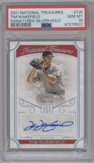 Tim Wakefield from the 2021 Panini National Treasures set featuring a Holo Silver parallel graded by PSA and given an overall grade of 10.