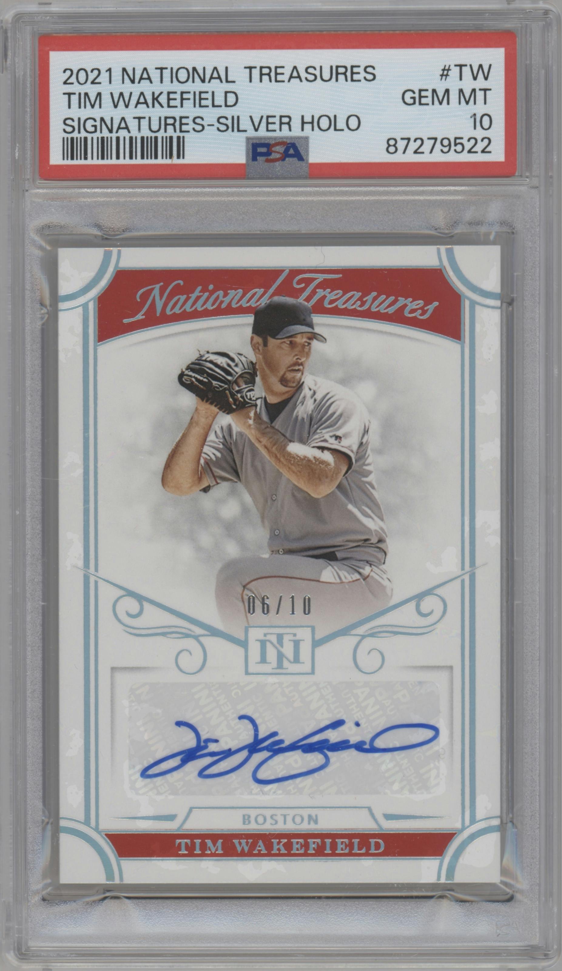 Tim Wakefield from the 2021 Panini National Treasures set featuring a Holo Silver parallel graded by PSA and given an overall grade of 10.