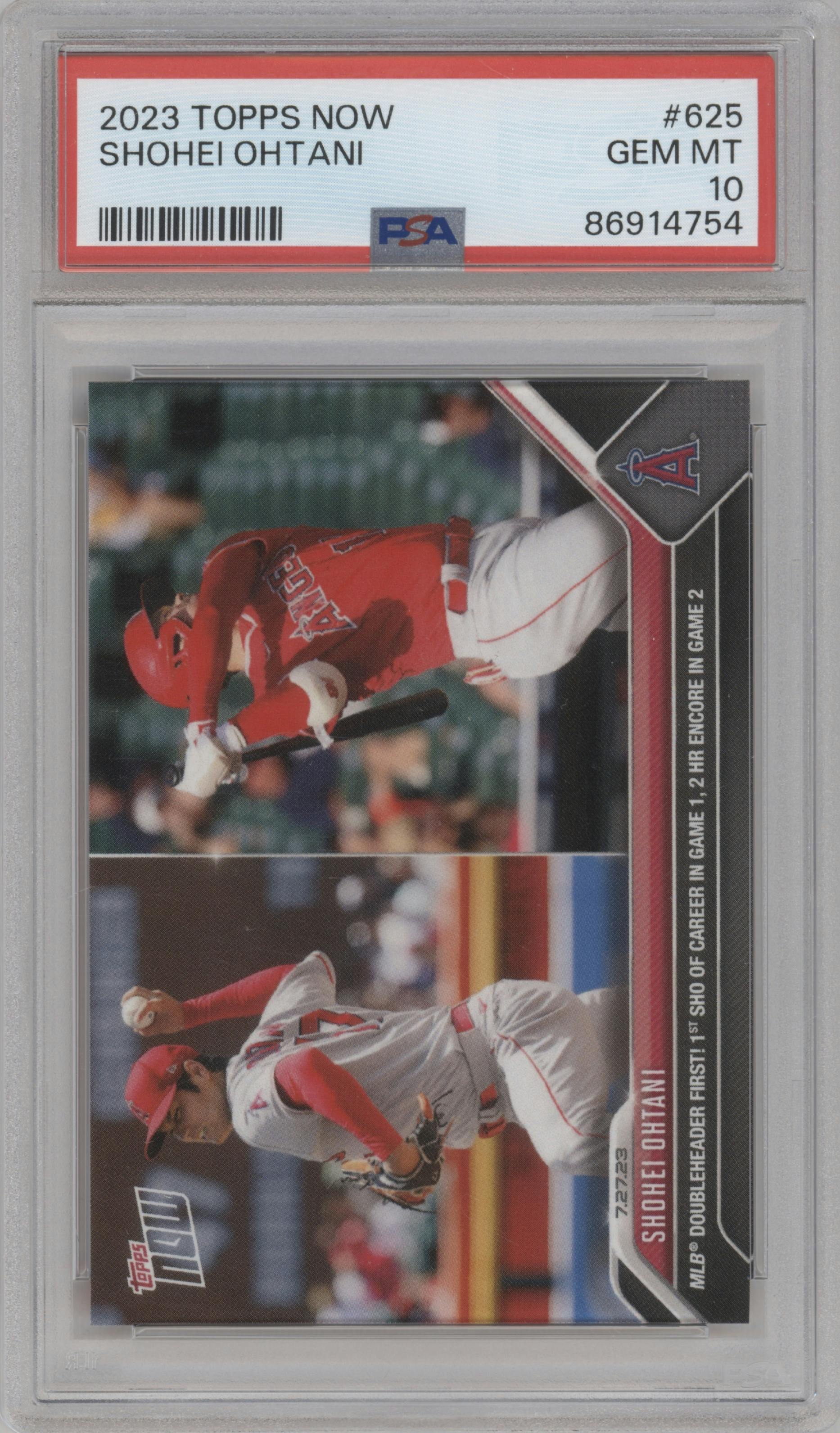 Shohei Ohtani from the 2023 Topps Now set graded by PSA and given an overall grade of 10.