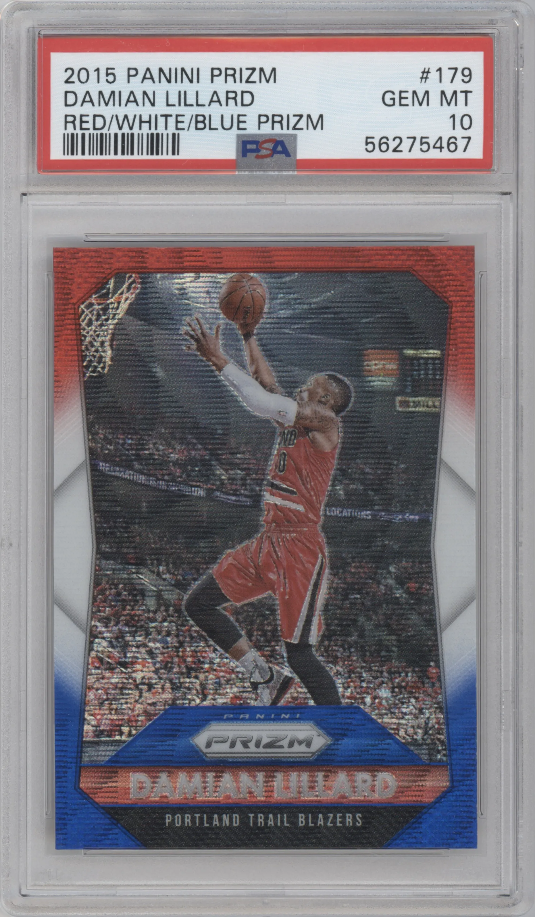 2015 Panini Prizm Damian Lillard Red/White/Blue Prizm PSA 10