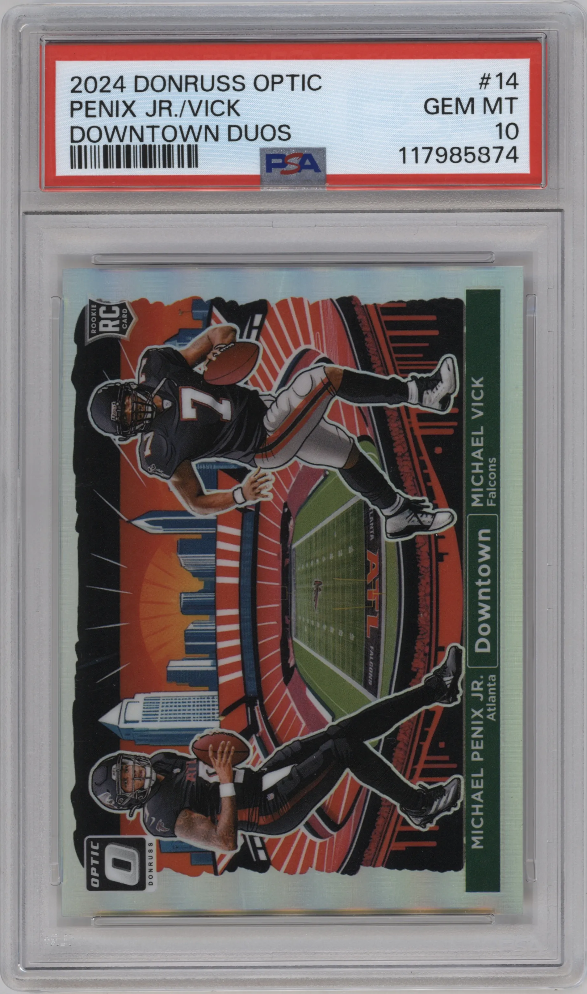 Michael Penix Jr./Michael Vick from the 2024 Donruss Optic set graded by PSA and given an overall grade of 10.