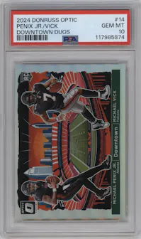 Michael Penix Jr./Michael Vick from the 2024 Donruss Optic set graded by PSA and given an overall grade of 10.