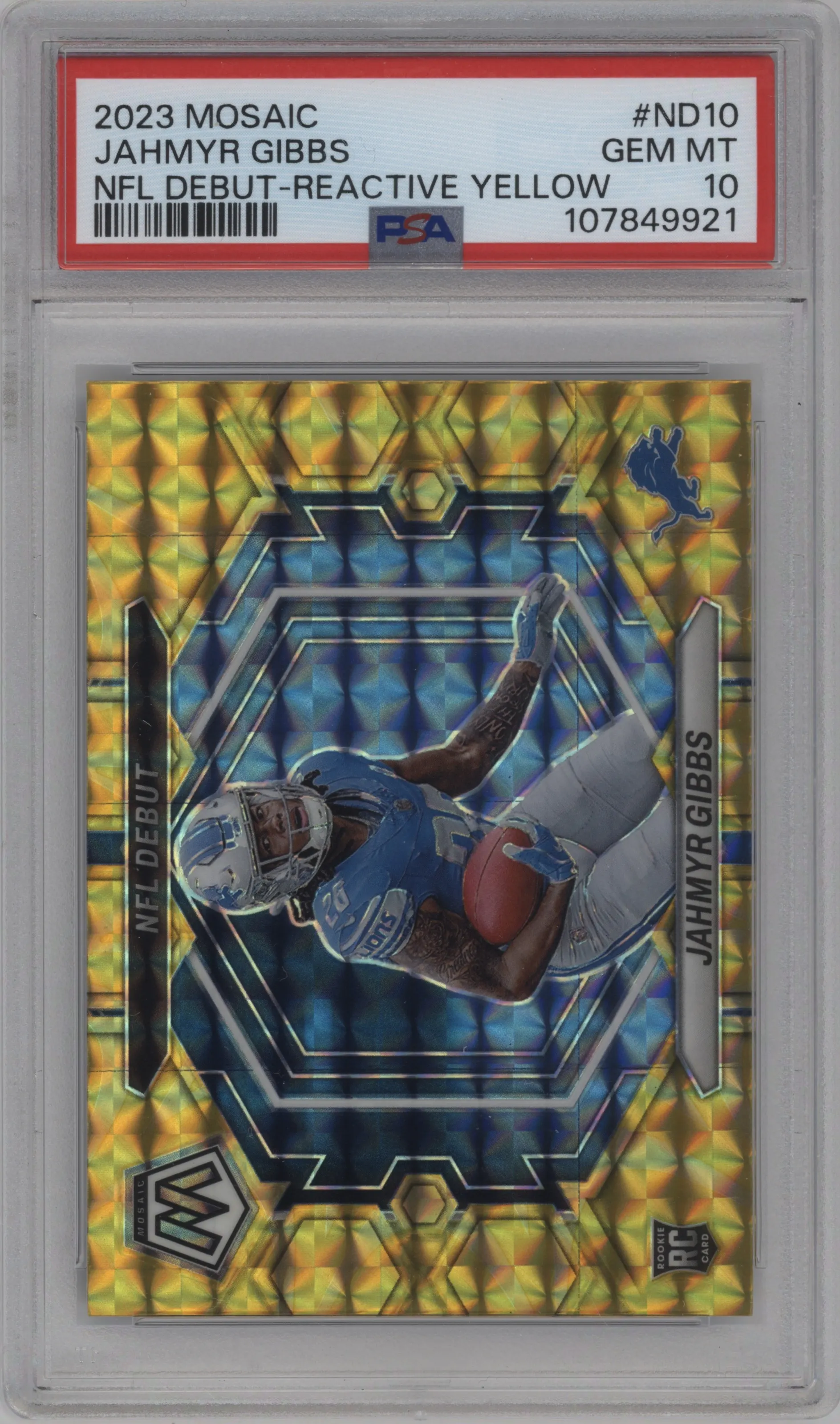 2023 Panini Mosaic NFL Debut Jahmyr Gibbs Reactive Yellow #ND-10 PSA 10