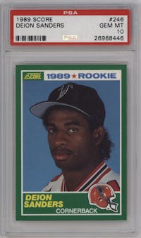 Deion Sanders from the 1989 Score set graded by PSA and given an overall grade of 10.