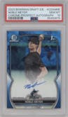 Noble Meyer from the 2023 Bowman Draft Sapphire set graded by PSA and given an overall grade of 10.
