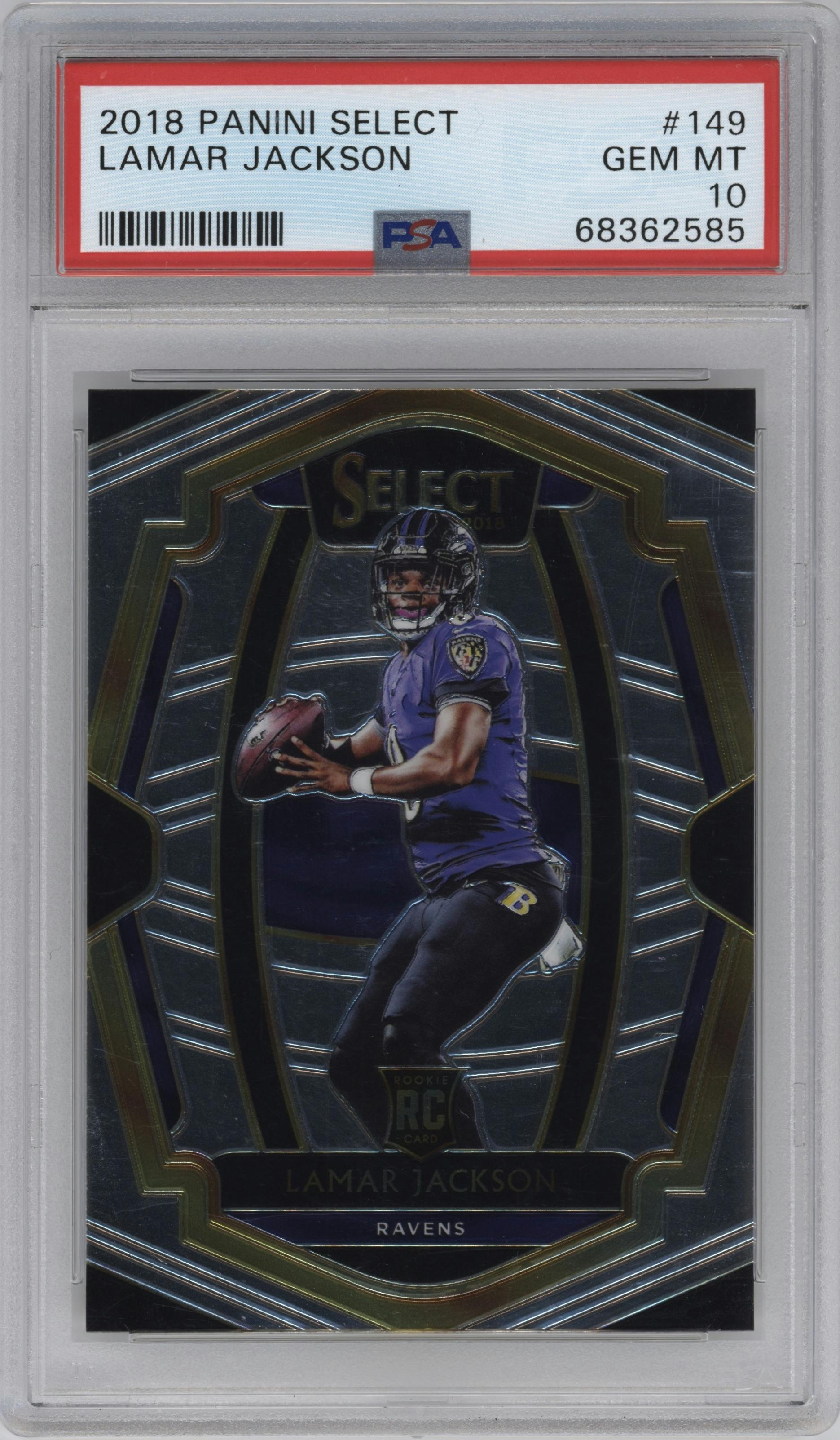 Lamar Jackson from the 2018 Panini Select set graded by PSA and given an overall grade of 10.