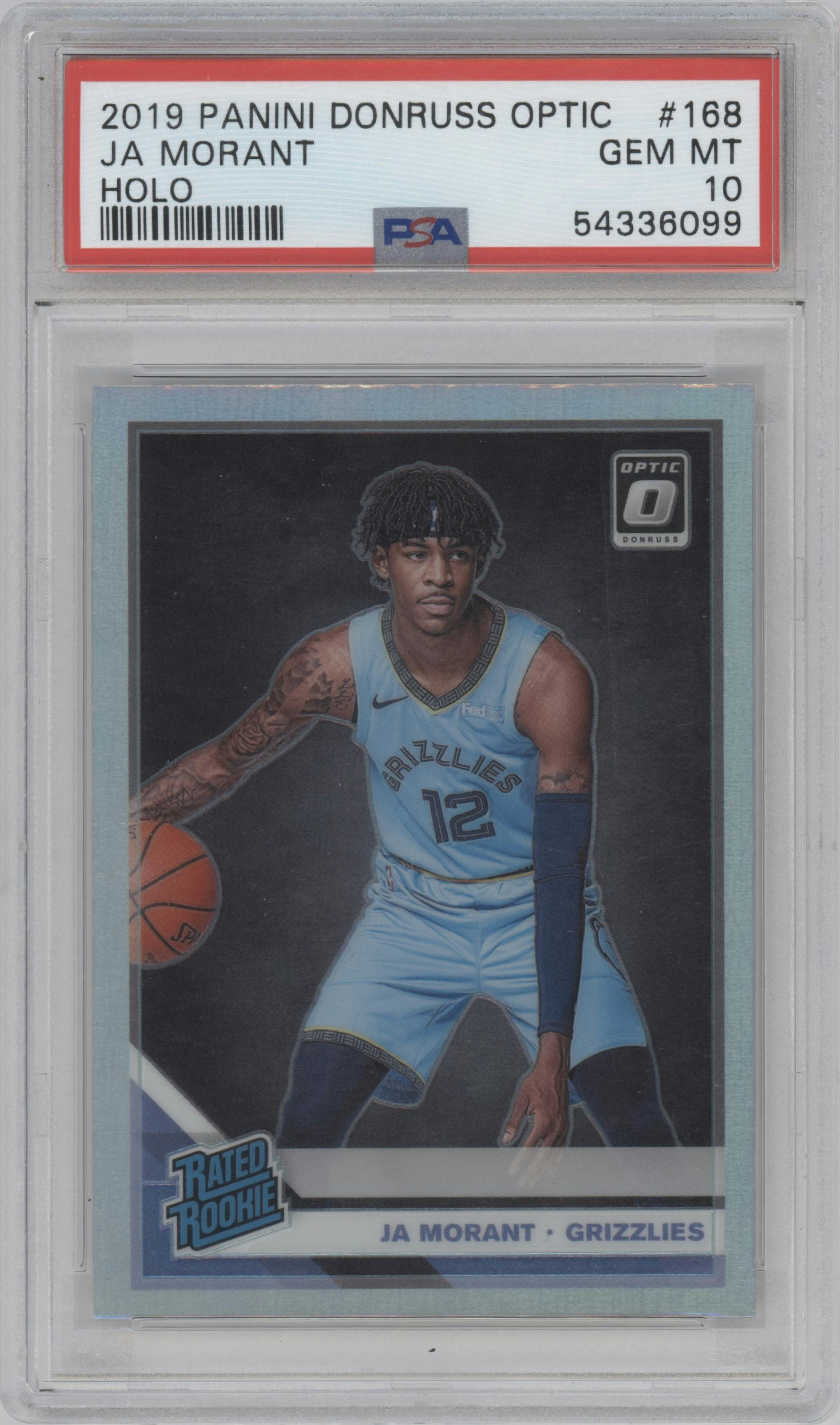 Ja Morant from the 2019-20 Panini Donruss Optic set featuring a Holo parallel graded by PSA and given an overall grade of 10.