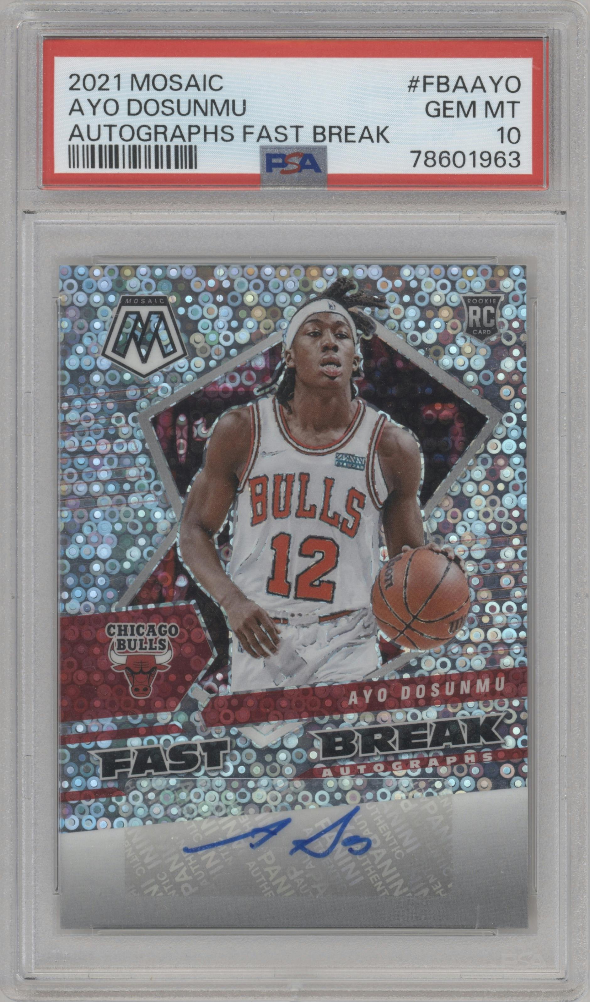 Ayo Dosunmu from the 2021-22 Panini Mosaic  set graded by PSA and given an overall grade of 10.