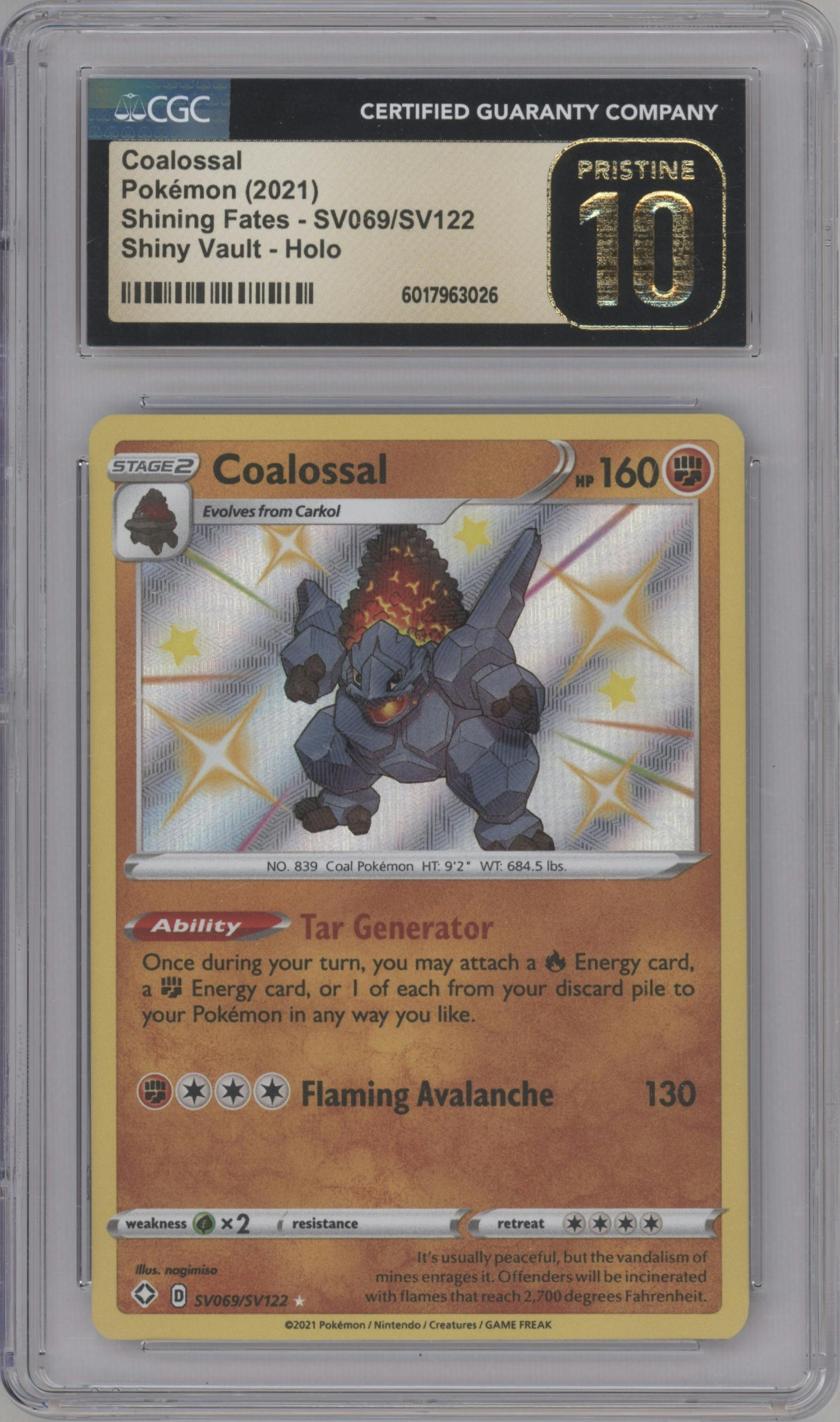 Coalossal from the 2021 Pokemon SWSH set graded by CSG and given an overall grade of 10.