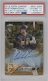 Austin Meadows from the 2018 Topps Chrome set featuring a Gold Refractor parallel graded by PSA and given an overall grade of 10.