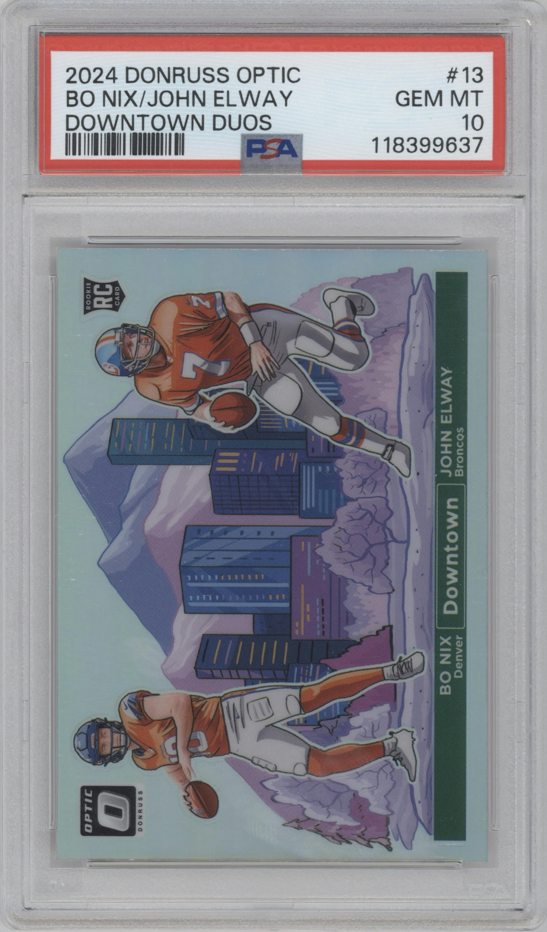 Bo Nix/John Elway from the 2024 Donruss Optic set graded by PSA and given an overall grade of 10.