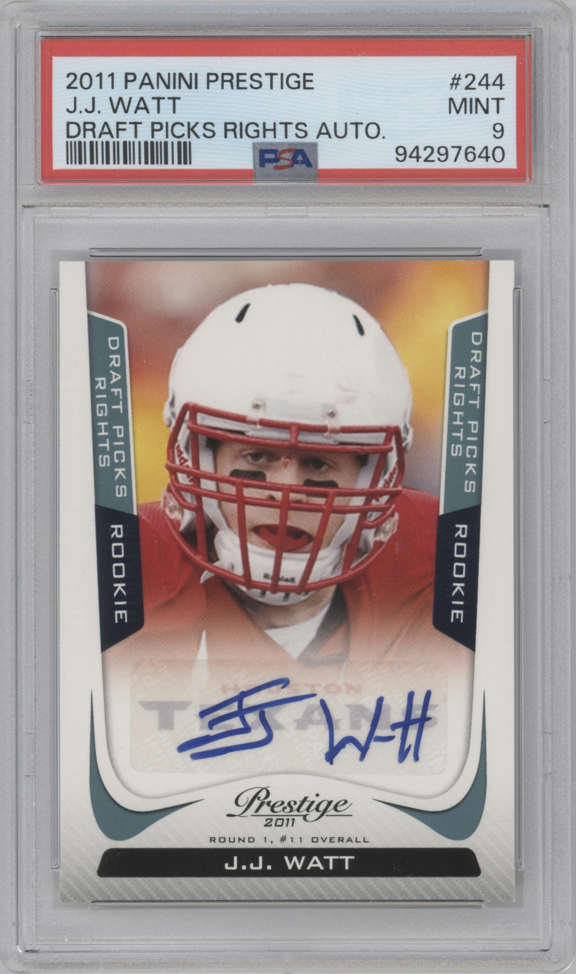 J.J. Watt from the 2011 Prestige set graded by PSA and given an overall grade of 9.
