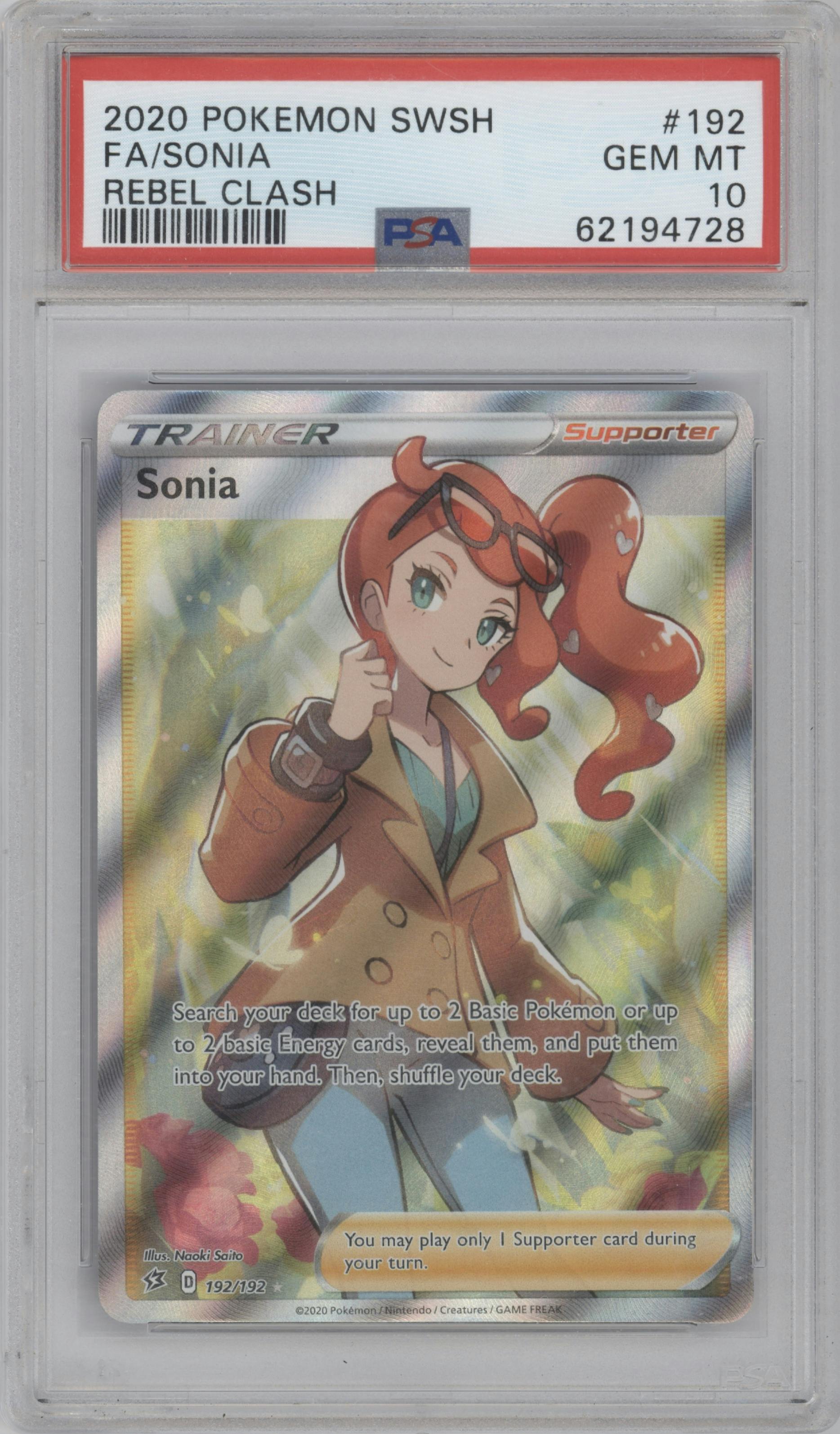 Sonia from the 2020 Pokemon SWSH set graded by PSA and given an overall grade of 10.