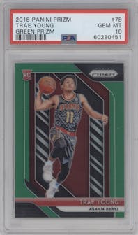 Trae Young from the 2018-19 Panini Prizm set featuring a Green Prizm parallel graded by PSA and given an overall grade of 10.