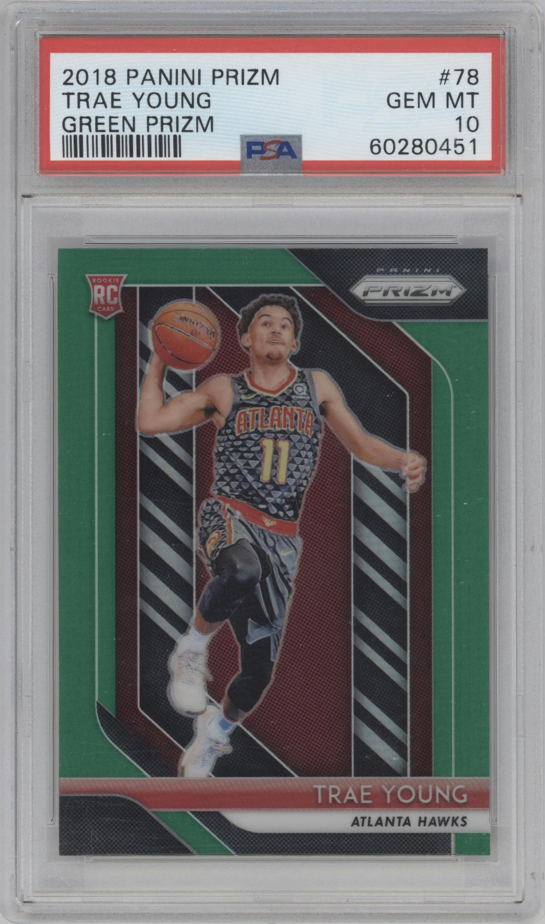 Trae Young from the 2018-19 Panini Prizm set featuring a Green Prizm parallel graded by PSA and given an overall grade of 10.