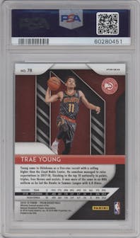 Trae Young from the 2018-19 Panini Prizm set featuring a Green Prizm parallel graded by PSA and given an overall grade of 10.