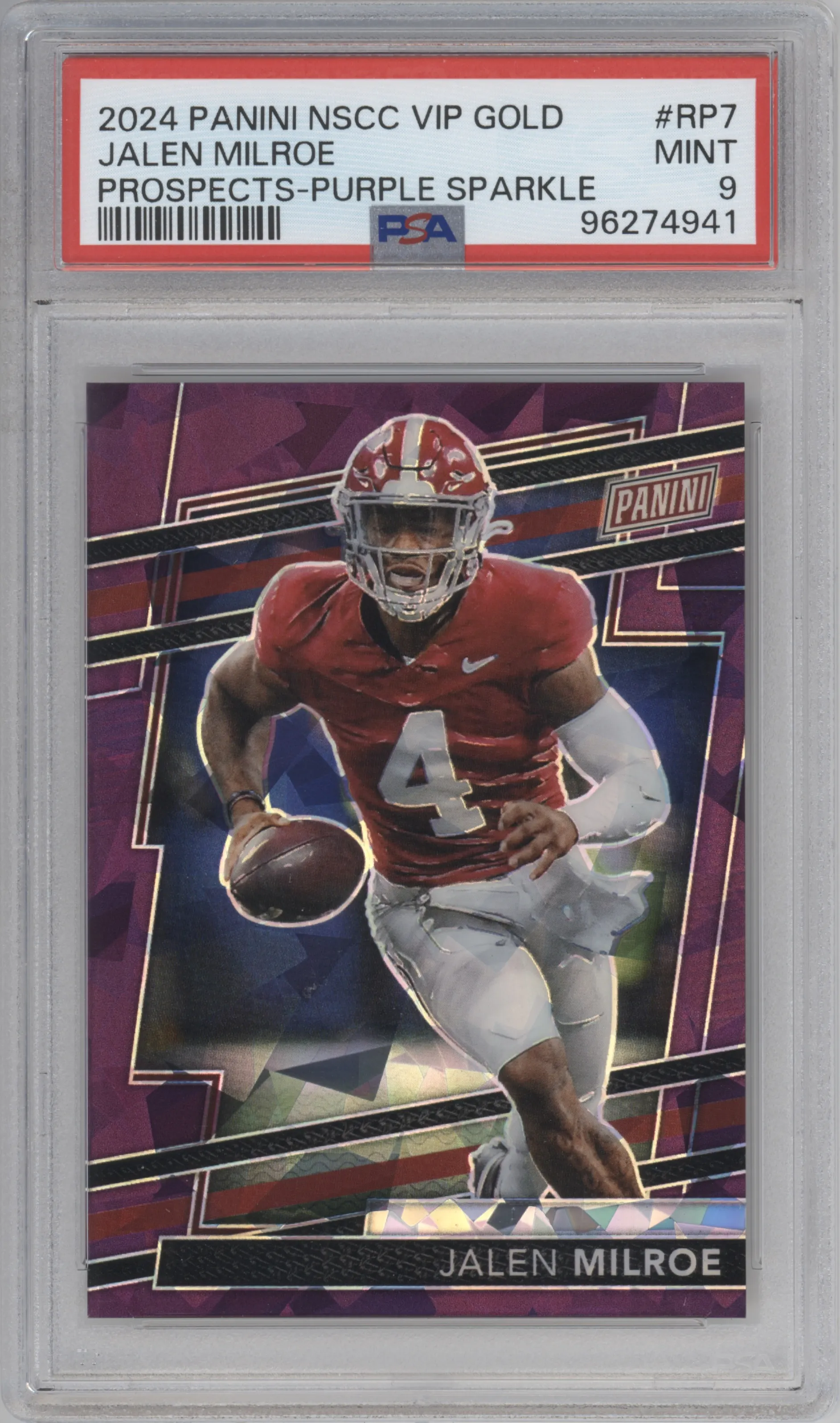 2024 Panini The National VIP Gold Pack Jalen Milroe Purple Sparkle PSA 9