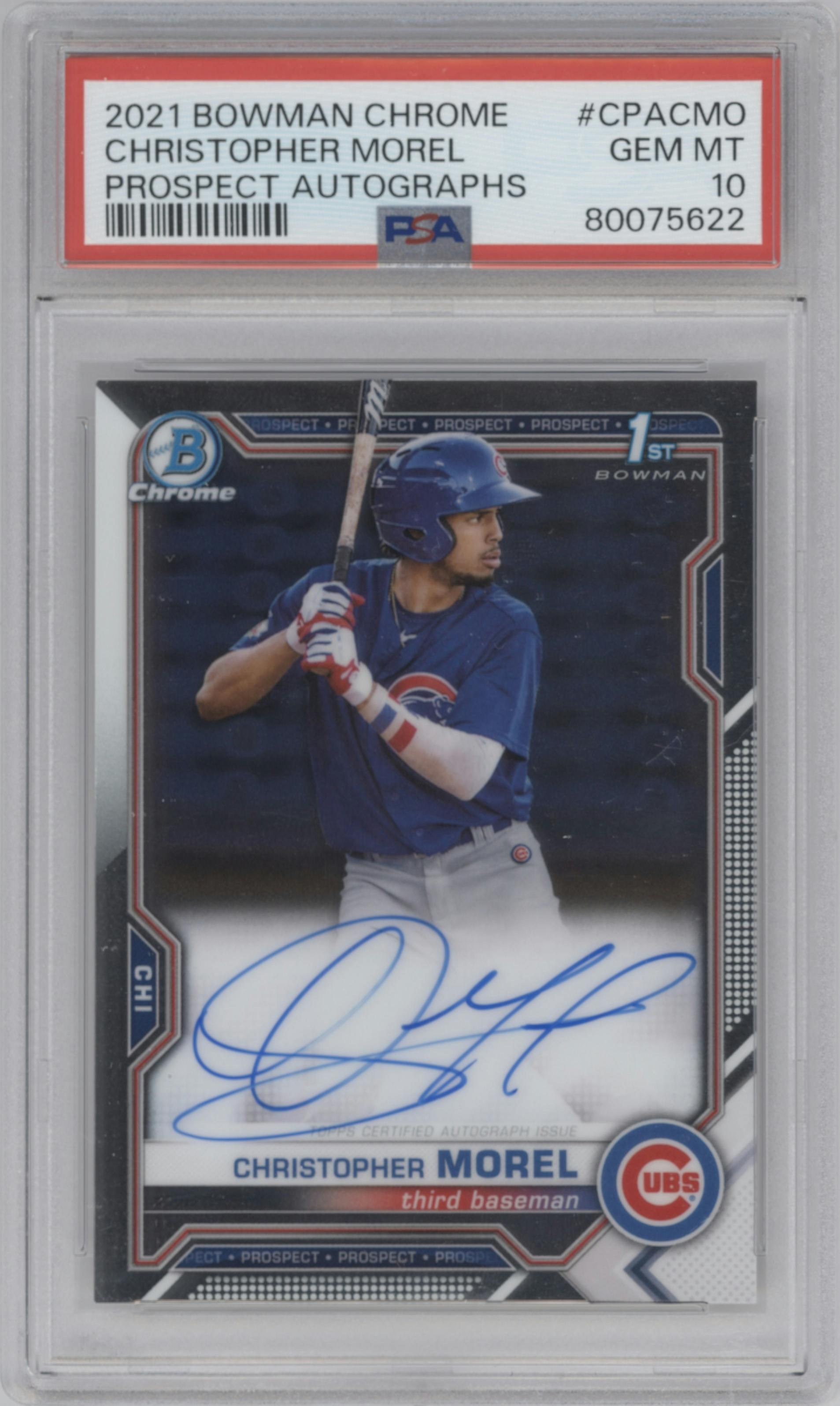 Christopher Morel from the 2021 Bowman Chrome set graded by PSA and given an overall grade of 10.