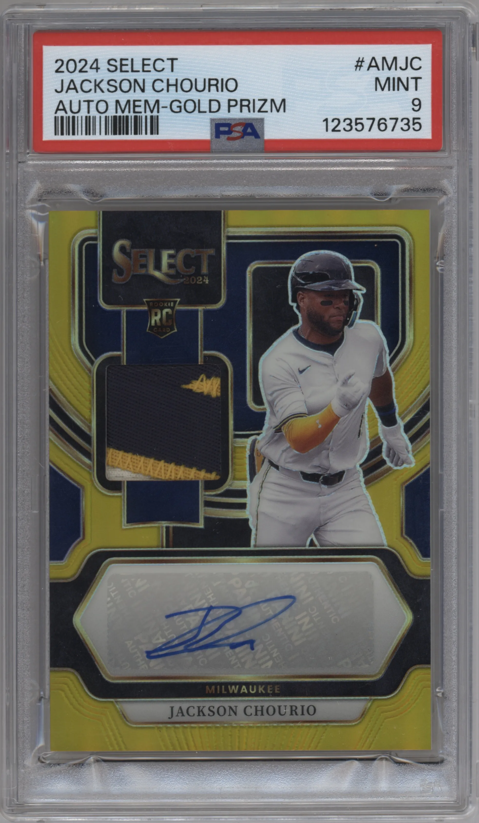 2024 Panini Select Auto Mem. Jackson Chourio Gold Prizm #AM-JC PSA 9