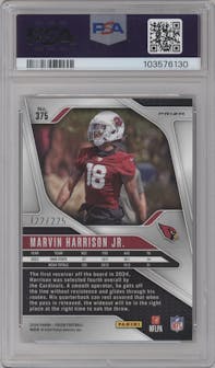 Marvin Harrison Jr. from the 2024 Panini Prizm set featuring a Purple Ice parallel graded by PSA and given an overall grade of 9.