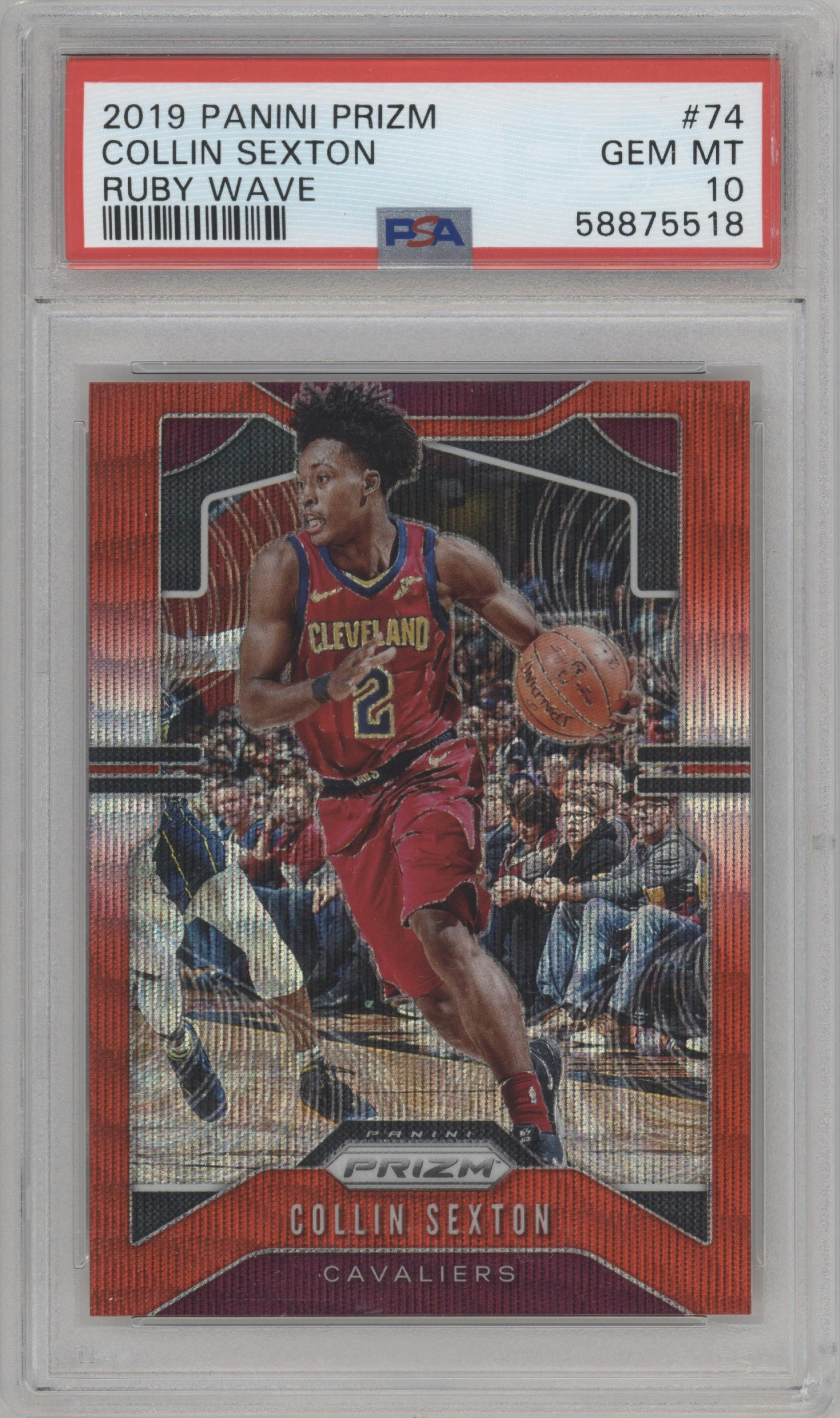 Collin Sexton from the 2019-20 Panini Prizm set featuring a Ruby Wave parallel graded by PSA and given an overall grade of 10.