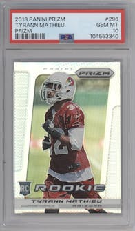 Tyrann Mathieu from the 2013 Panini Prizm set featuring a Prizm parallel graded by PSA and given an overall grade of 10.