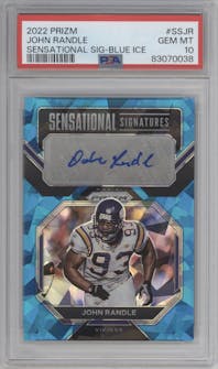 John Randle from the 2022 Panini Prizm set featuring a Blue Ice parallel graded by PSA and given an overall grade of 10.