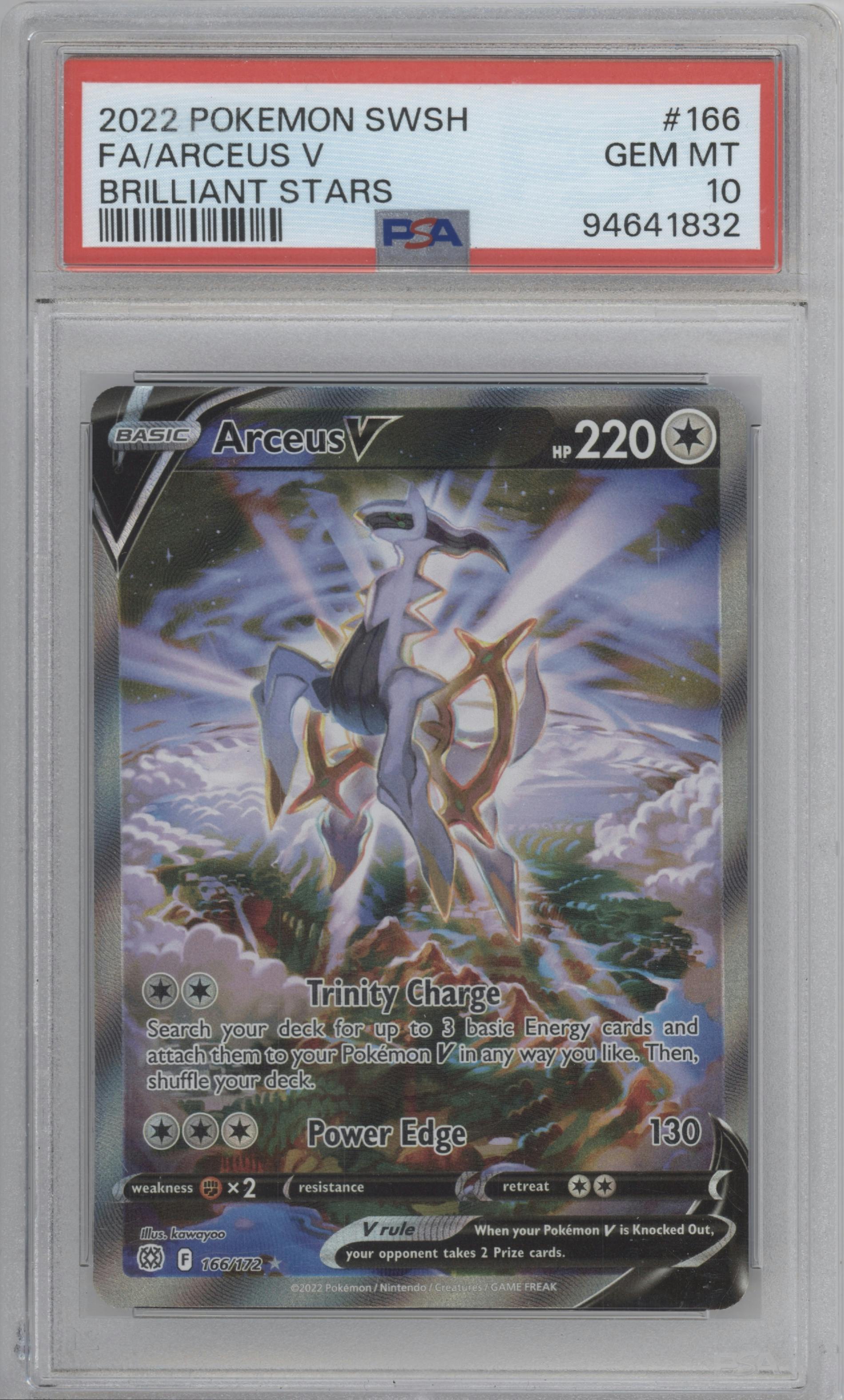 Arceus V from the 2022 Pokemon SWSH set graded by PSA and given an overall grade of 10.