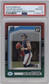 Caleb Williams from the 2024 Donruss set featuring a Red and Green parallel graded by PSA and given an overall grade of 10.