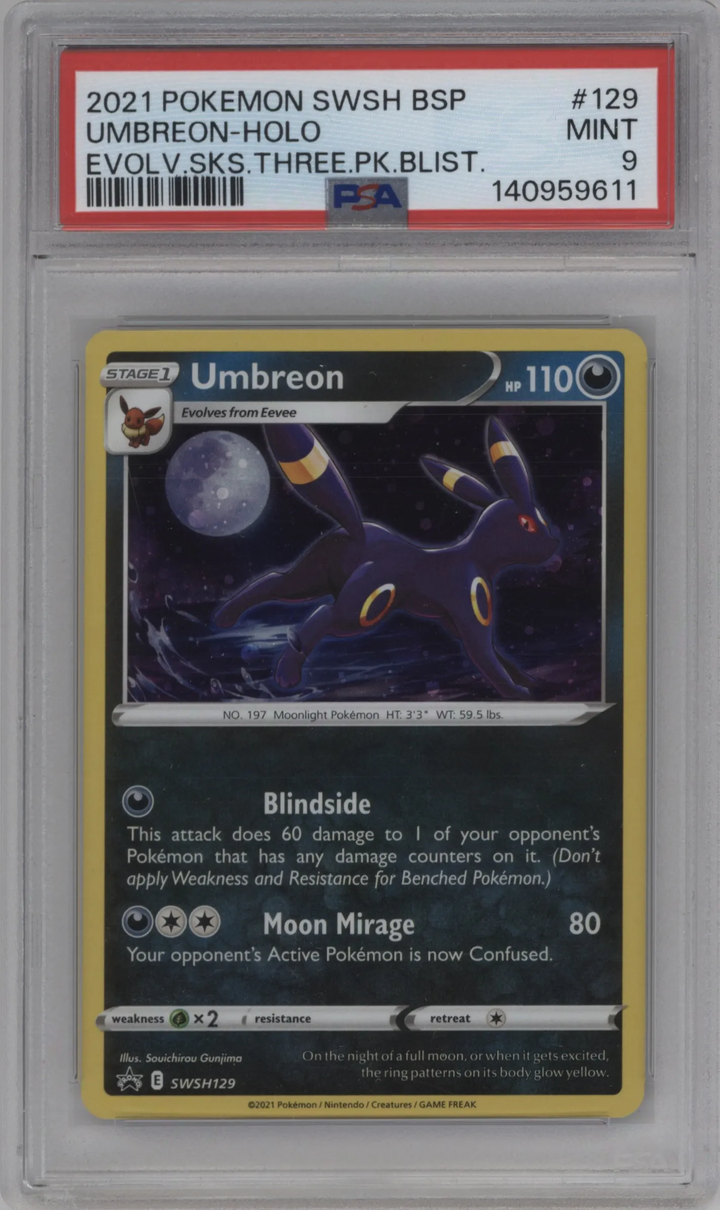 2021 Pokemon SWSH Umbreon Evolving Skies 3-Pack Blisters #SWSH129 PSA 9