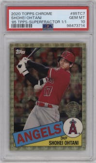 Shohei Ohtani from the 2020 Topps Chrome set featuring a SuperFractor parallel graded by PSA and given an overall grade of 10.