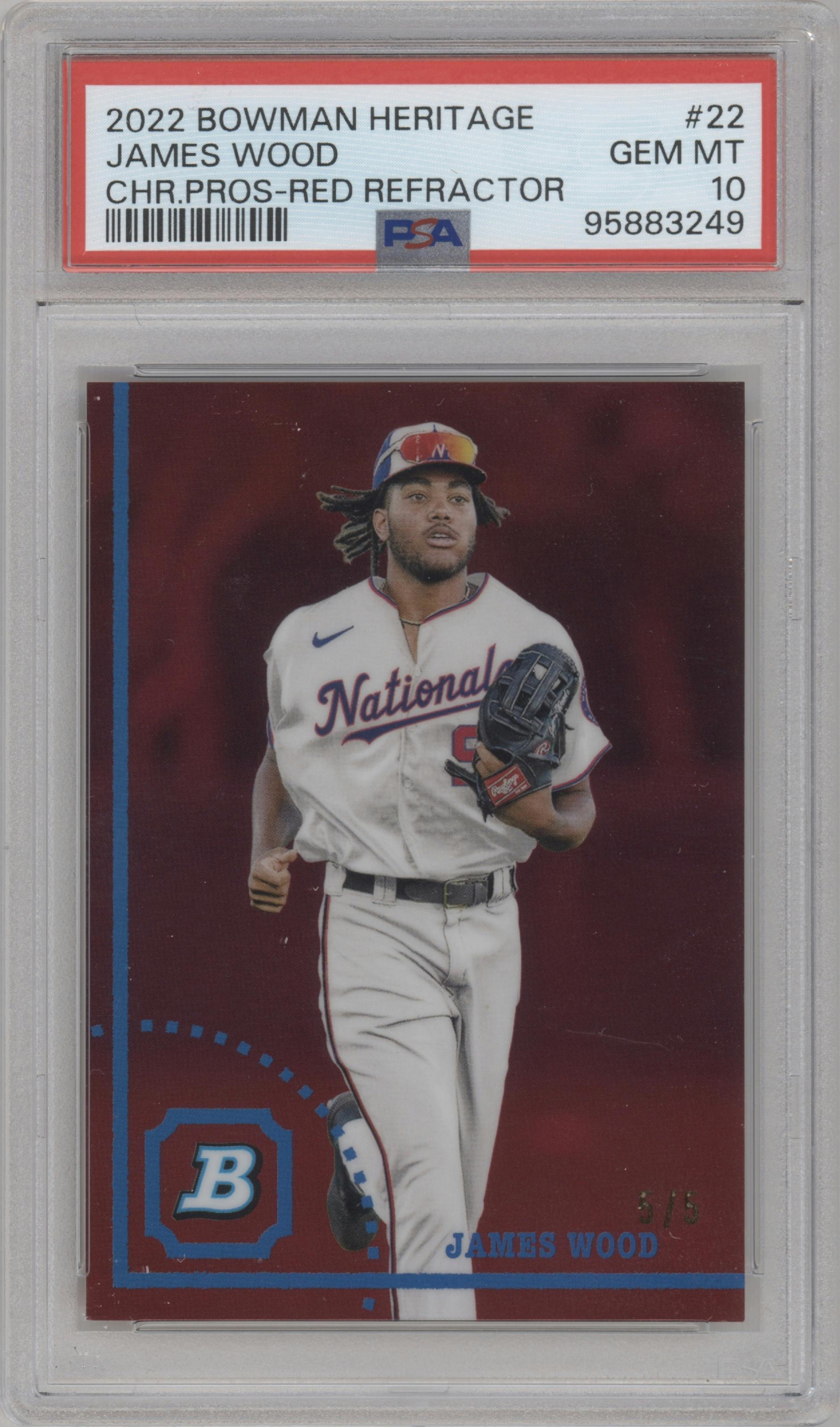 James Wood from the 2022 Bowman Heritage set featuring a Red Refractor parallel graded by PSA and given an overall grade of 10.