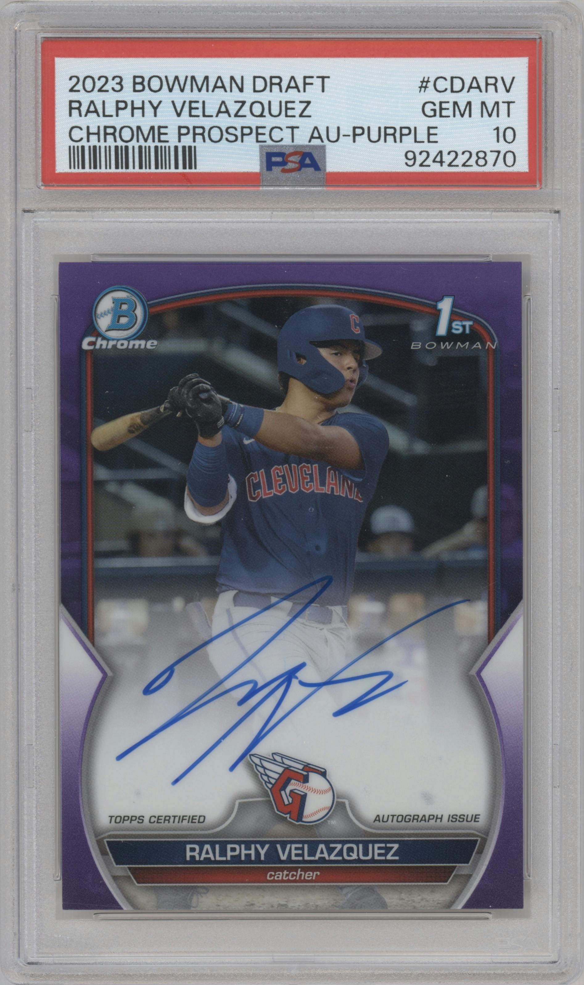 Ralphy Velazquez from the 2023 Bowman Draft set featuring a Purple Refractor parallel graded by PSA and given an overall grade of 10.