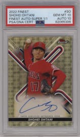 Shohei Ohtani from the 2022 Topps Finest set featuring a SuperFractor parallel graded by PSA and given an overall grade of 10.