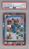 Brian Thomas Jr. from the 2024 Donruss set featuring a Red Pandora parallel graded by PSA and given an overall grade of 10.