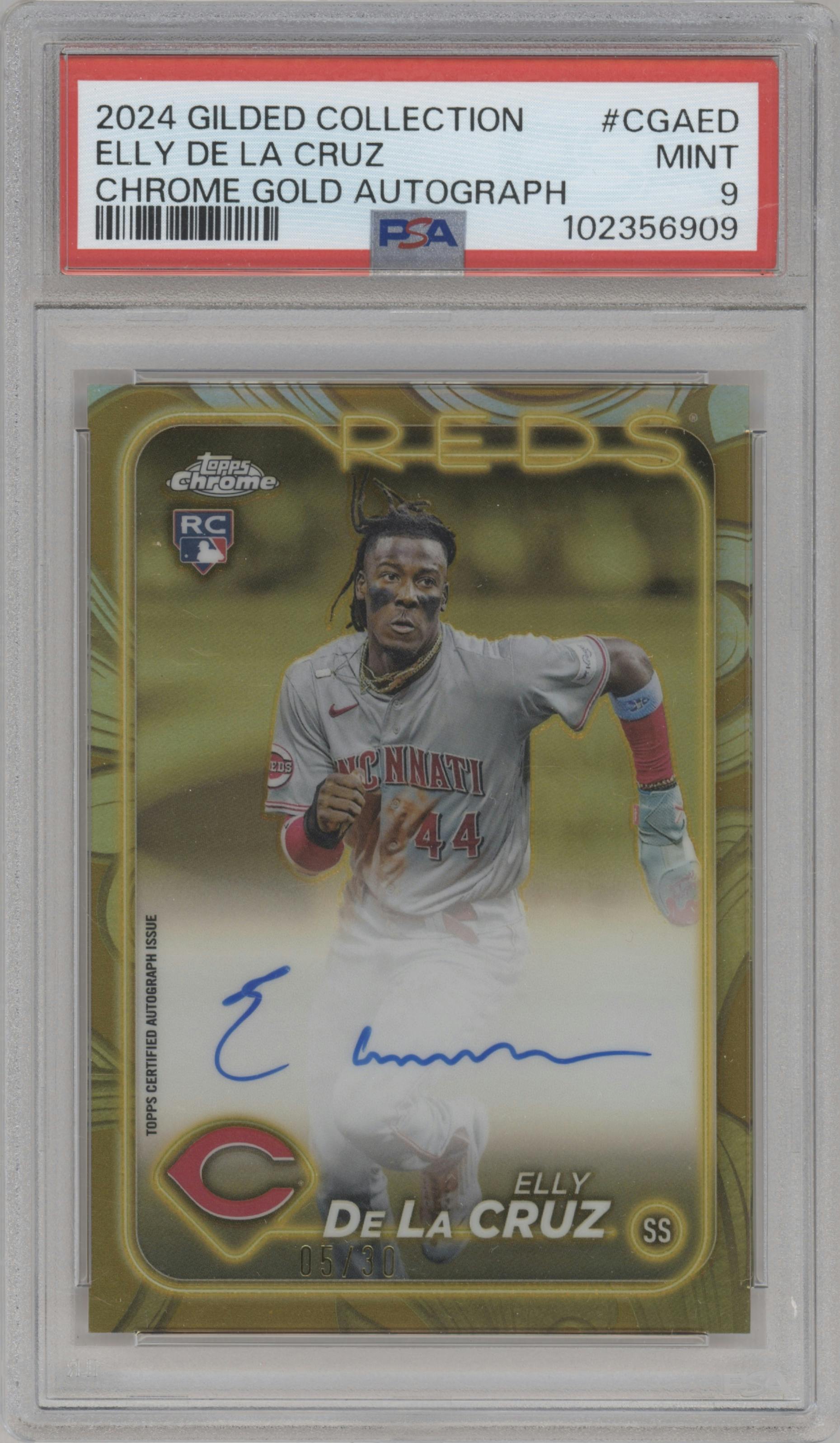 Elly De La Cruz from the 2024 Topps Gilded Collection set graded by PSA and given an overall grade of 9.