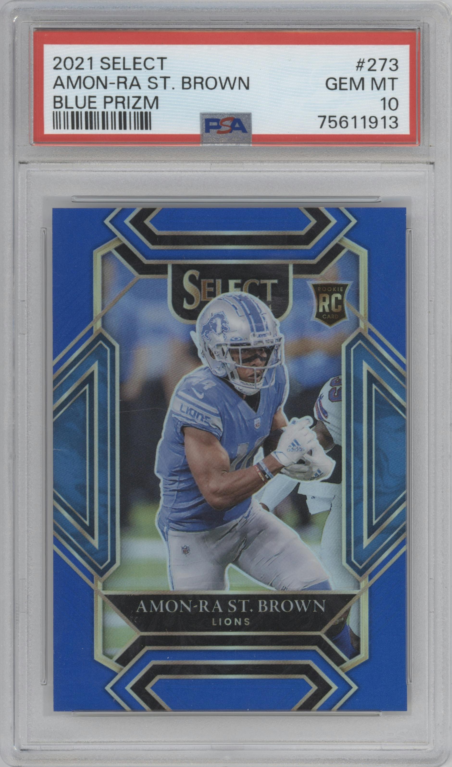 Amon-Ra St. Brown from the 2021 Panini Select set featuring a Blue Prizm parallel graded by PSA and given an overall grade of 10.