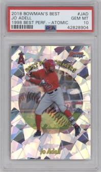 Jo Adell from the 2018 Bowman’s Best set featuring a Atomic Refractor parallel graded by PSA and given an overall grade of 10.