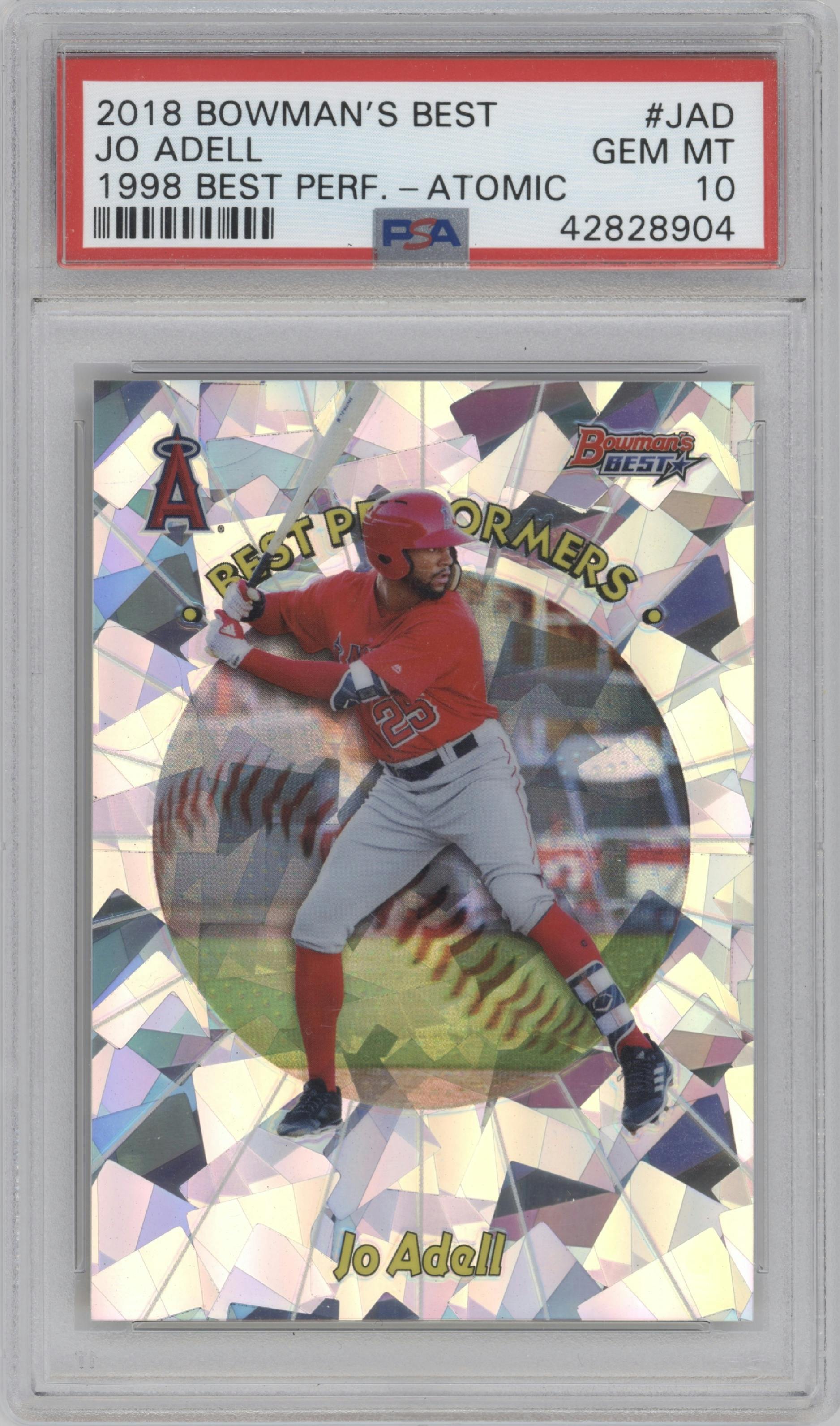Jo Adell from the 2018 Bowman’s Best set featuring a Atomic Refractor parallel graded by PSA and given an overall grade of 10.