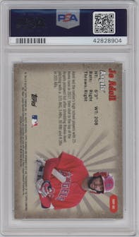 Jo Adell from the 2018 Bowman’s Best set featuring a Atomic Refractor parallel graded by PSA and given an overall grade of 10.