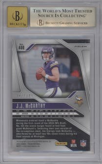 J.J. McCarthy from the 2024 Panini Prizm set featuring a Red Wave parallel graded by Beckett and given an overall grade of 9.5.
