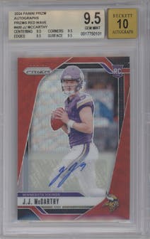 J.J. McCarthy from the 2024 Panini Prizm set featuring a Red Wave parallel graded by Beckett and given an overall grade of 9.5.