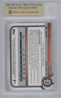 Jace Jung from the 2022 Bowman Draft set featuring a Black & White RayWave Refractor parallel graded by Beckett and given an overall grade of 9.5.