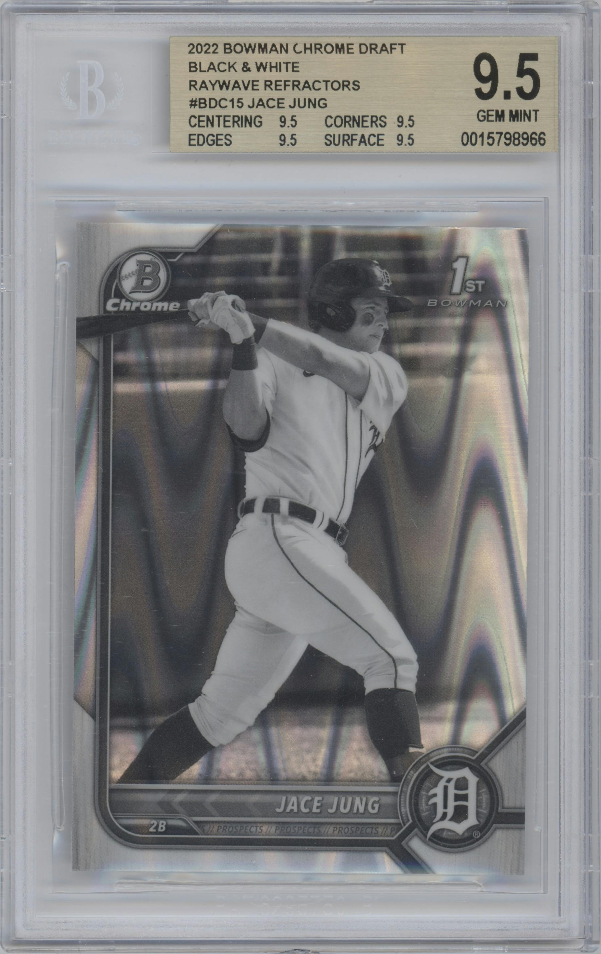 Jace Jung from the 2022 Bowman Draft set featuring a Black & White RayWave Refractor parallel graded by Beckett and given an overall grade of 9.5.