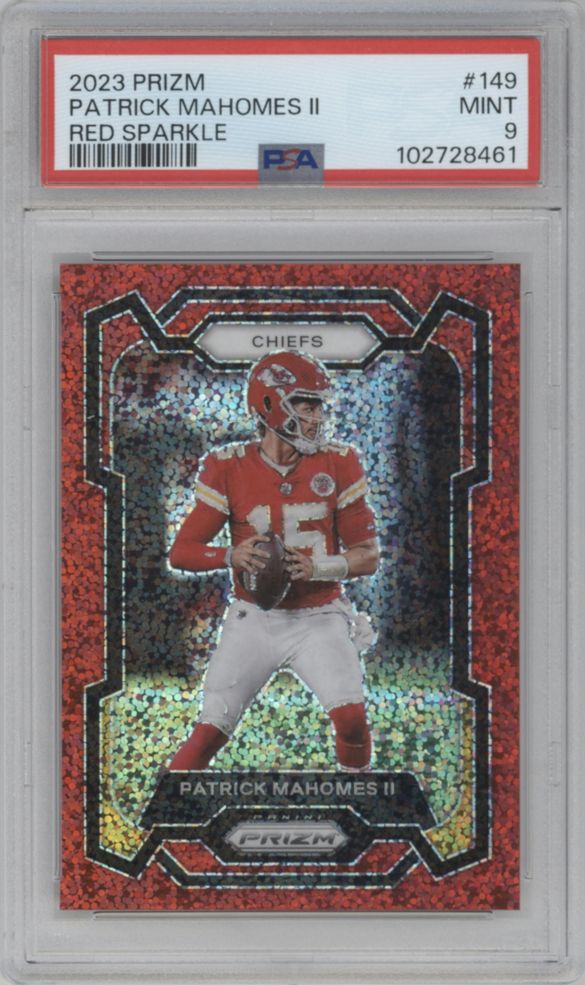 Patrick Mahomes II from the 2023 Panini Prizm set featuring a Red Sparkle parallel graded by PSA and given an overall grade of 9.