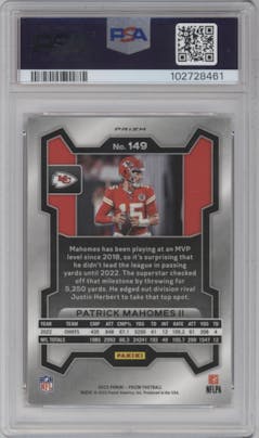 Patrick Mahomes II from the 2023 Panini Prizm set featuring a Red Sparkle parallel graded by PSA and given an overall grade of 9.