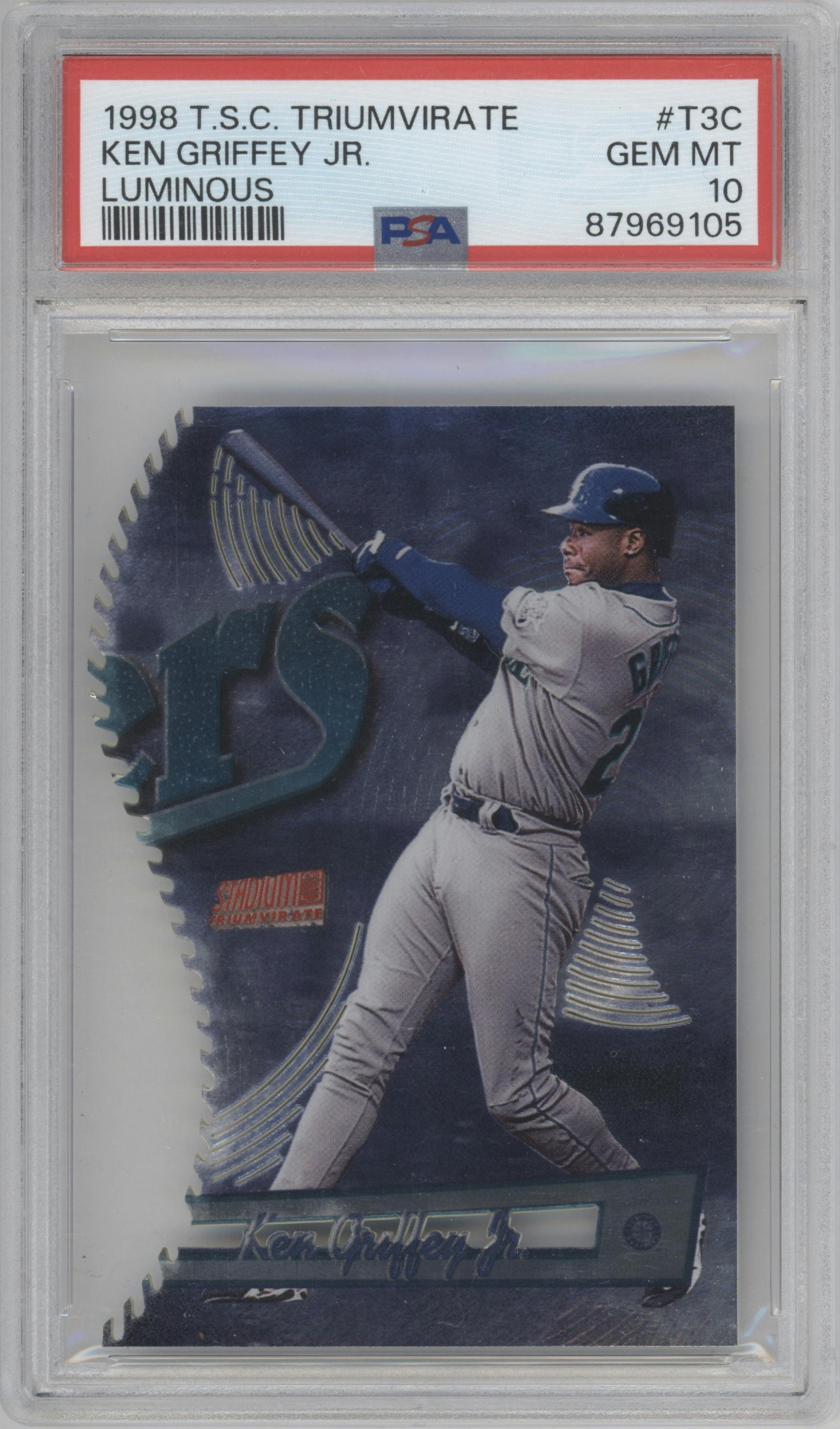 Ken Griffey Jr. from the 1998 Stadium Club set featuring a Luminous parallel graded by PSA and given an overall grade of 10.