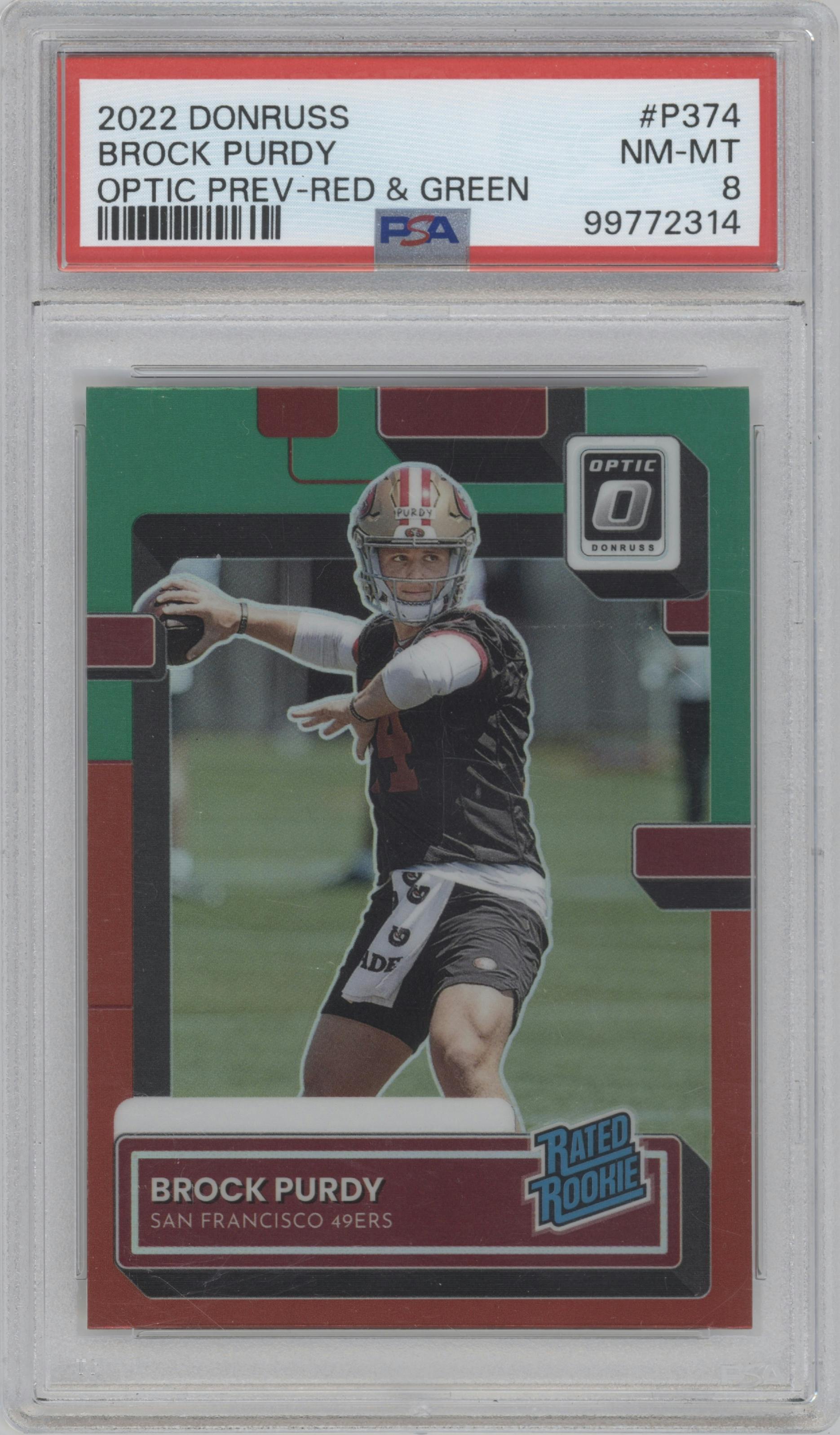 Brock Purdy from the 2022 Panini Donruss set featuring a Red & Green parallel graded by PSA and given an overall grade of 8.
